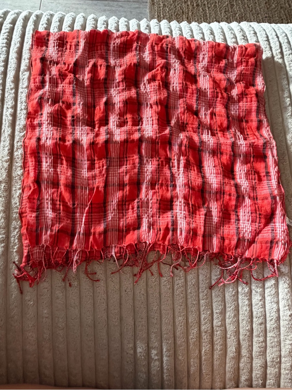 Vintage Italca Italy Red Plaid Fringed Scarf - Linen Viscose Blend